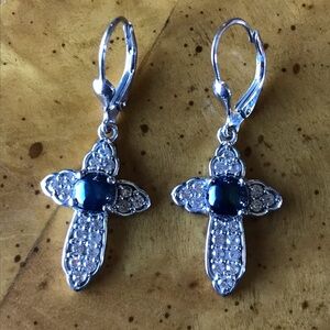 Blue Star Sapphire Sterling Silver Cross Earrings